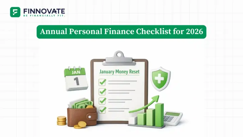 Annual personal finance checklist for Indians showing a January money reset with savings, investments, insurance, and budgeting icons