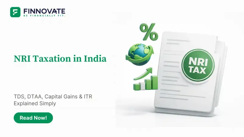 3D image showing a tax document with NRI taxation stamp, icons of capital gains, TDS, and DTAA, representing NRI tax-related concepts.