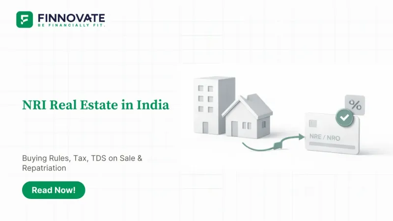 3D illustration of NRI property investing in India showing home purchase documents, NRE/NRO payment flow, and a subtle TDS tag.