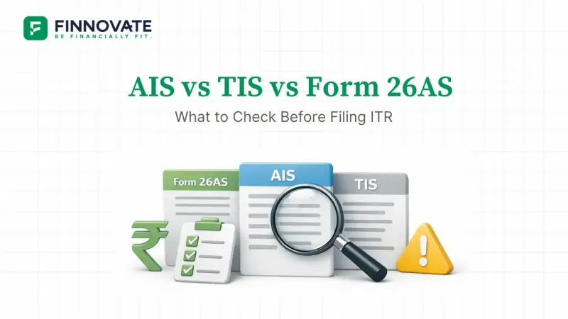 3D illustration showing Form 26AS, AIS, and TIS documents with magnifying glass and rupee symbol, representing income tax verification before filing ITR in India.