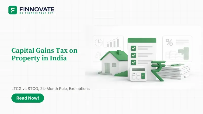 Capital gains tax on property in India showing holding period, calculation concept, and exemption options.