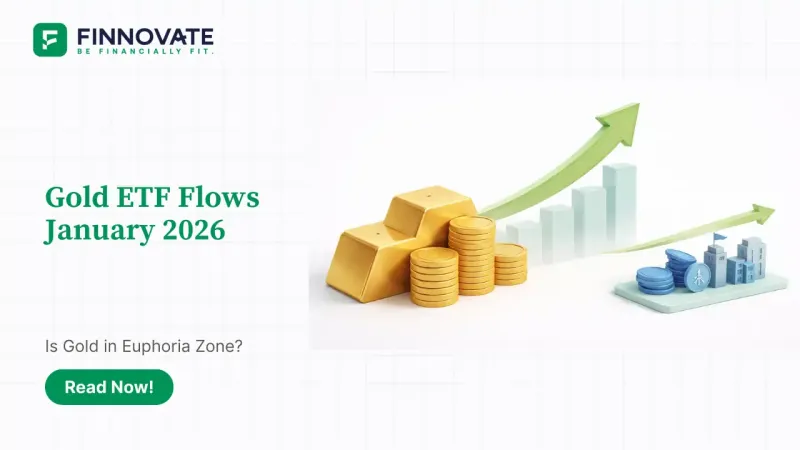 3D illustration comparing January 2026 gold ETF inflows with active equity inflows and highlighting potential gold euphoria risk