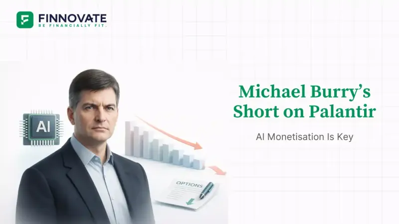 3D banner showing a hedge fund manager alongside an AI chip, falling stock chart, and options contract, illustrating a bearish trade driven by AI monetisation concerns