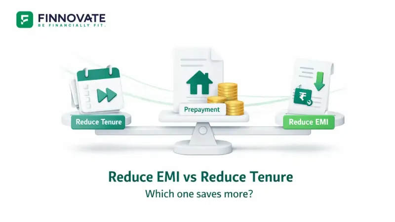 3D banner showing loan prepayment choice: Reduce EMI vs Reduce Tenure, with a balance scale highlighting monthly relief versus interest saved on a white background.