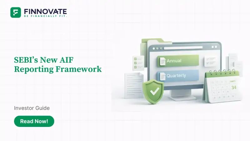 3D illustration of SEBI AIF reporting via an online portal with annual and quarterly compliance documents and a calendar timeline