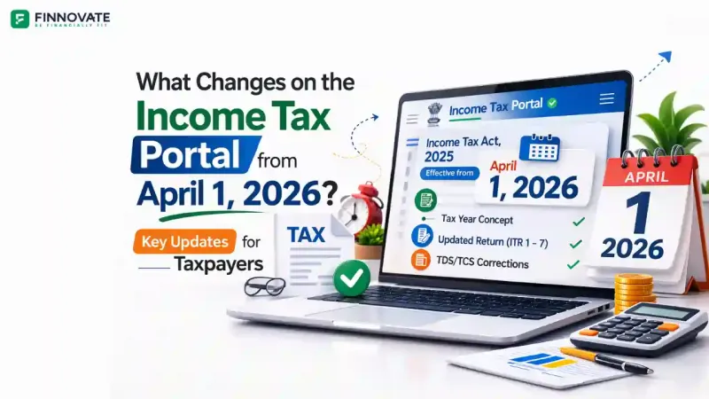 3D blog banner showing a laptop with India income tax portal updates, Tax Year 2026 notice, April 1 calendar, and tax filing icons on a white background.