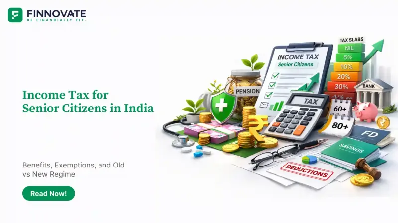 3D illustration of senior citizen income tax planning in India with tax document, calculator, tax slab blocks, pension jar, savings book, FD passbook, rupee symbol and health shield on a white background