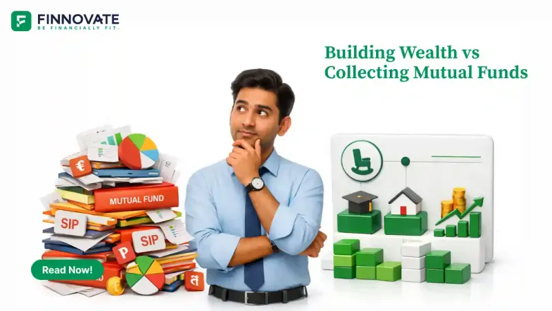 3D illustration of an Indian professional comparing a cluttered pile of mutual fund SIP documents and duplicate investment folders with a clean, goal-based portfolio setup on a white background