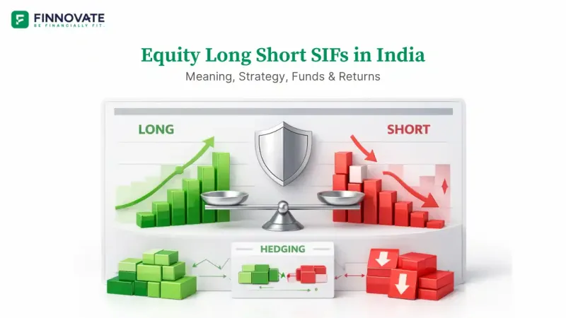 3D illustration of an equity long-short fund strategy showing long positions, short positions, and hedging elements on a clean white background.