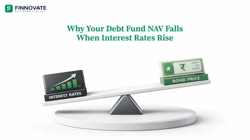3D illustration of a seesaw showing the inverse relationship between interest rates and bond prices on a clean white background.