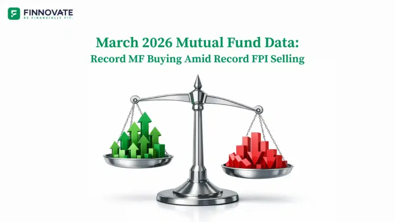 3D balance scale showing green upward arrows and red downward blocks on opposite pans, symbolising domestic mutual fund buying versus FPI selling in India on a white background.