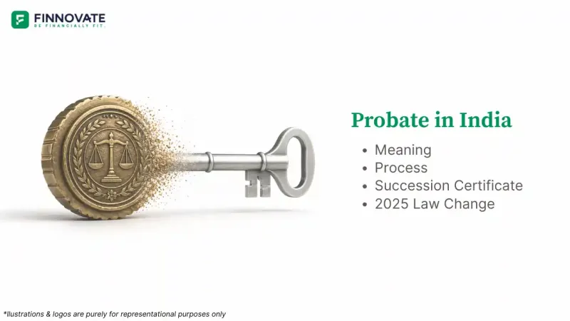 3D court seal transforming into a modern key, symbolising probate changes and easier inheritance access in India.