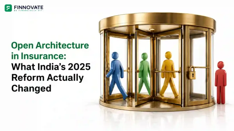 3D revolving door with open panels and one locked section, symbolising India’s 2025 insurance open architecture reform.