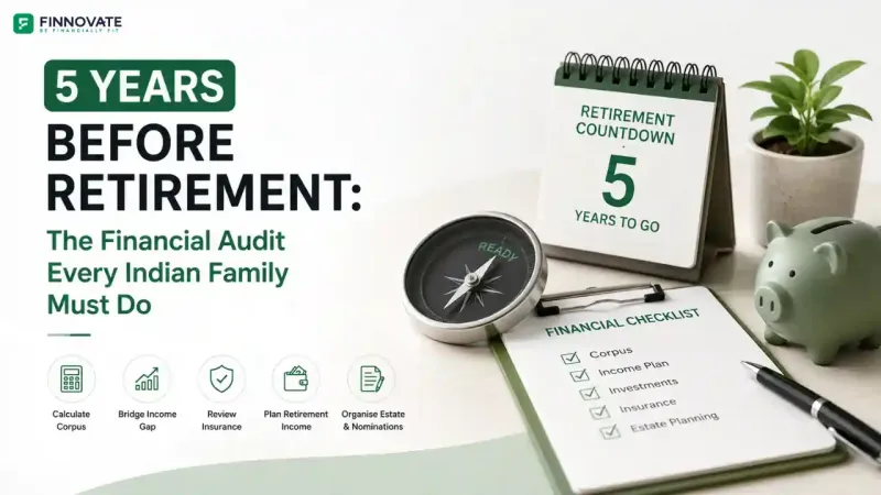 Retirement planning banner showing a five-year countdown, financial checklist, compass, and piggy bank for an Indian family’s pre-retirement financial audit.