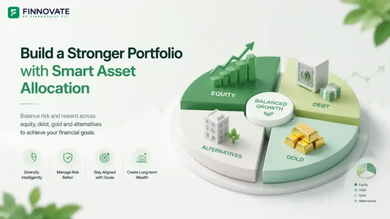 3D infographic with a professional design showcasing asset allocation across Equity, Debt, Gold, and Alternatives, with visual icons representing key financial strategies for a balanced portfolio.
