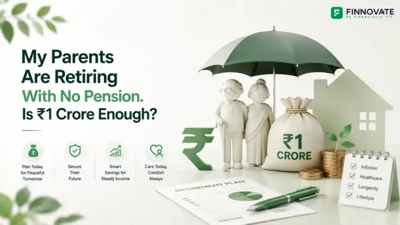 3D blog banner showing parent retirement planning with elderly parents, ₹1 crore savings, home, umbrella protection, healthcare checklist, and retirement plan visuals.