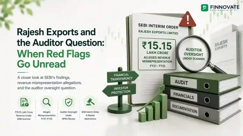 3D blog banner showing Rajesh Exports SEBI interim order, alleged revenue misrepresentation, auditor review, financial documents, magnifying glass, warning sign, and investor protection visuals.