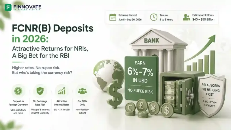 3D blog banner showing FCNR(B) deposits in 2026 for NRIs, with foreign currency deposits, 6–7% USD returns, no rupee risk, RBI hedging cost support, bank vault, dollar symbols, and NRI investment visuals.