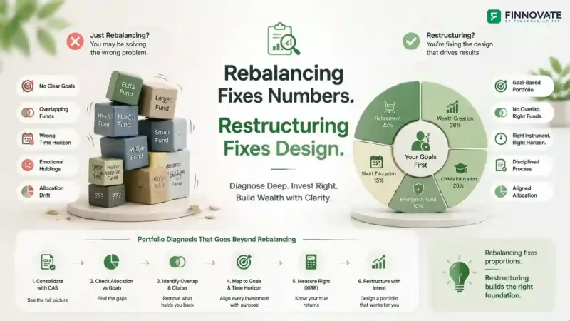 3D blog banner showing investment portfolio restructuring vs rebalancing, split view of messy overlapping funds and clean goal-based allocation, CAS analysis, XIRR metrics, goal mapping, and financial diagnostic framework in a green-white professiona