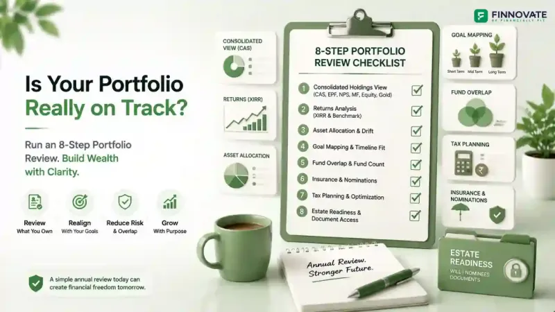 3D blog banner showing 8-step portfolio review checklist for Indian investors, including CAS consolidation, XIRR returns analysis, asset allocation drift, goal mapping, fund overlap, insurance and nominations, tax planning, and estate readiness in a 