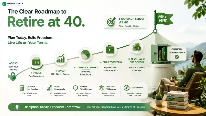 3D financial infographic banner showing roadmap to retire at 40 in India, with step-by-step FIRE journey from income and SIP investing to expense control, portfolio building, reaching FIRE corpus, and financial independence milestone with green-white
